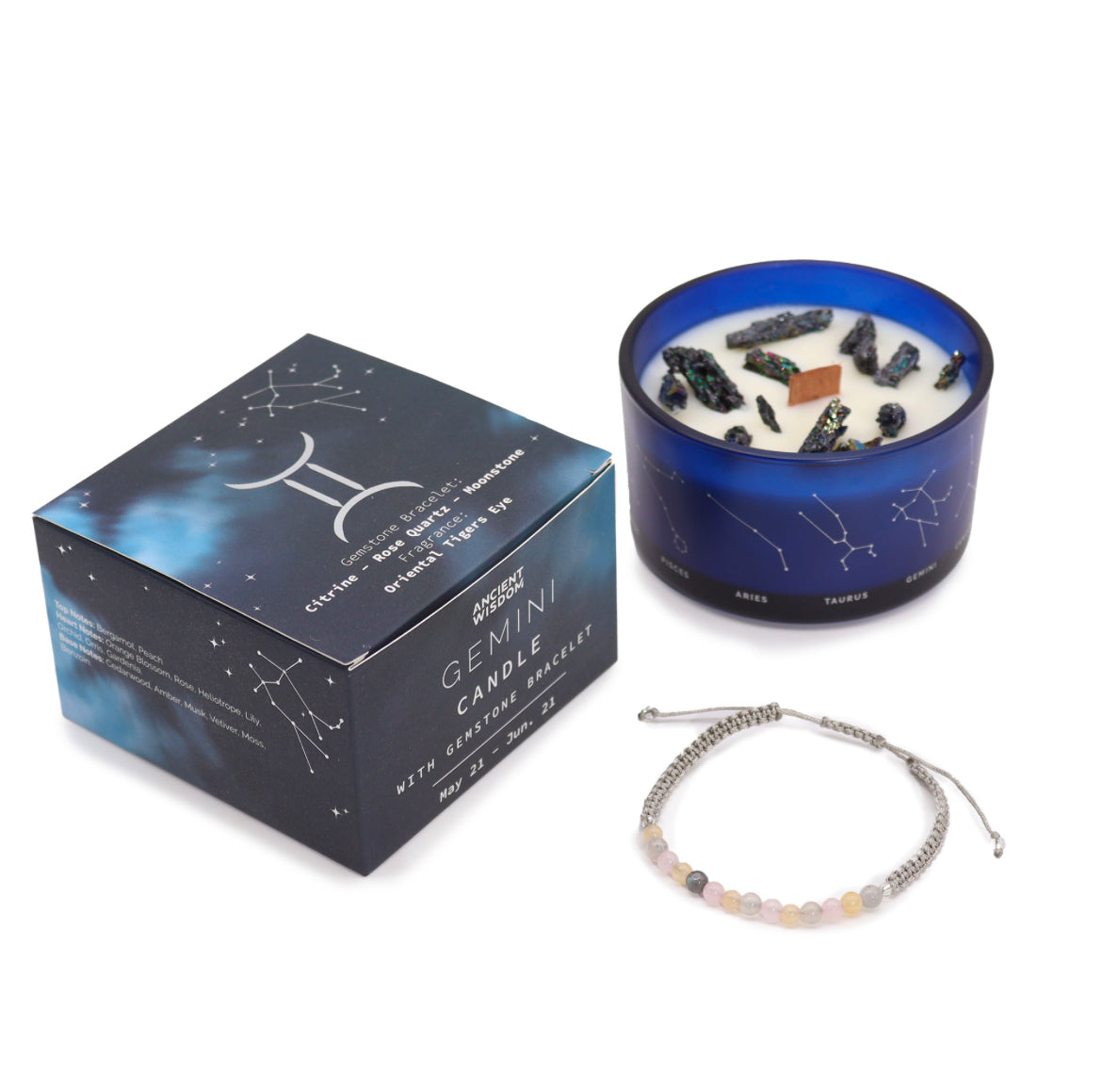 Gemini - Zodiac Crystal Candle with Gemstone Bracelet