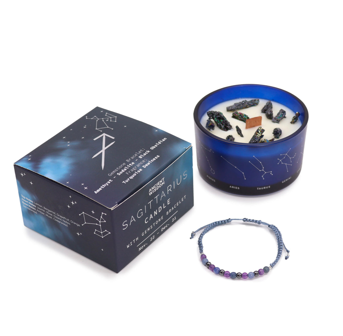 Sagittarius - Zodiac Crystal Candle with Gemstone Bracelet