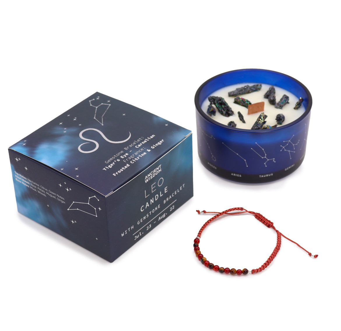 Leo - Zodiac Crystal Candle with Gemstone Bracelet