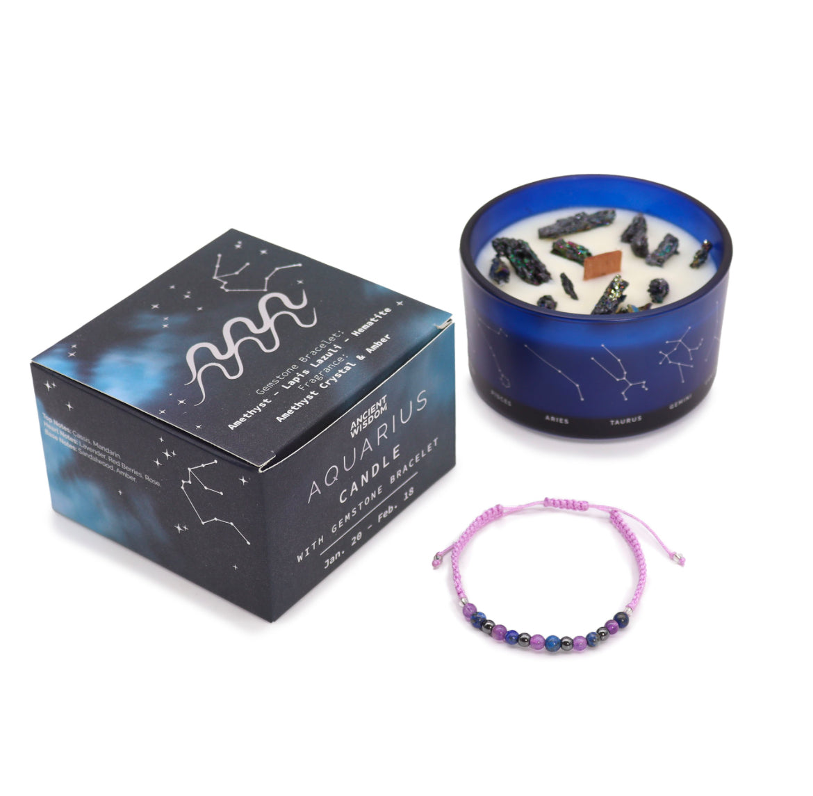 Aquarius - Zodiac Crystal Candle with Gemstone Bracelet