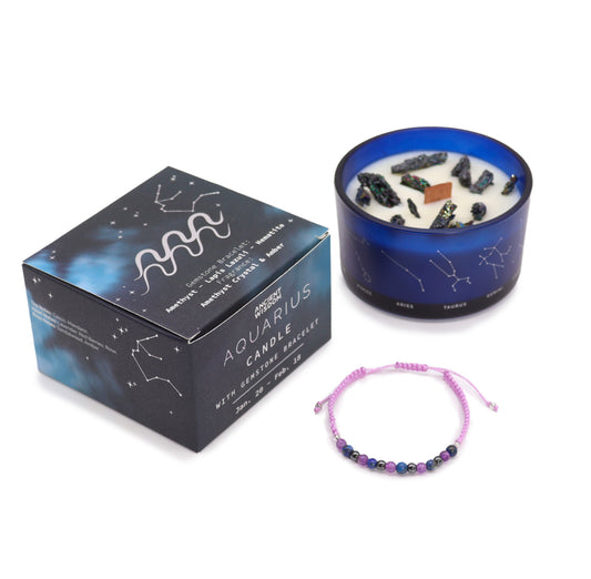 Aquarius - Zodiac Crystal Candle with Gemstone Bracelet