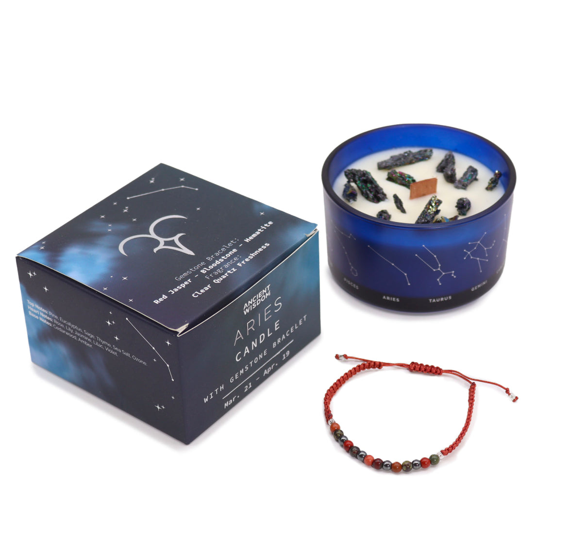 Aries - Zodiac Crystal Candle with Gemstone Bracelet