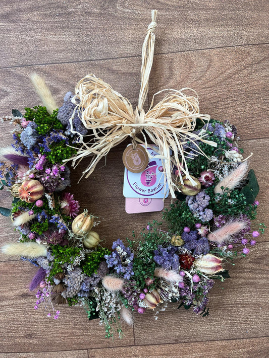 Purple and green dried flower wreath